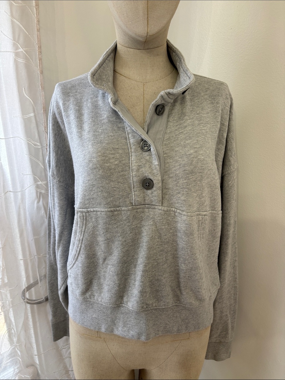 aerie Light Gray Button-Up Cowl Neck Pullover